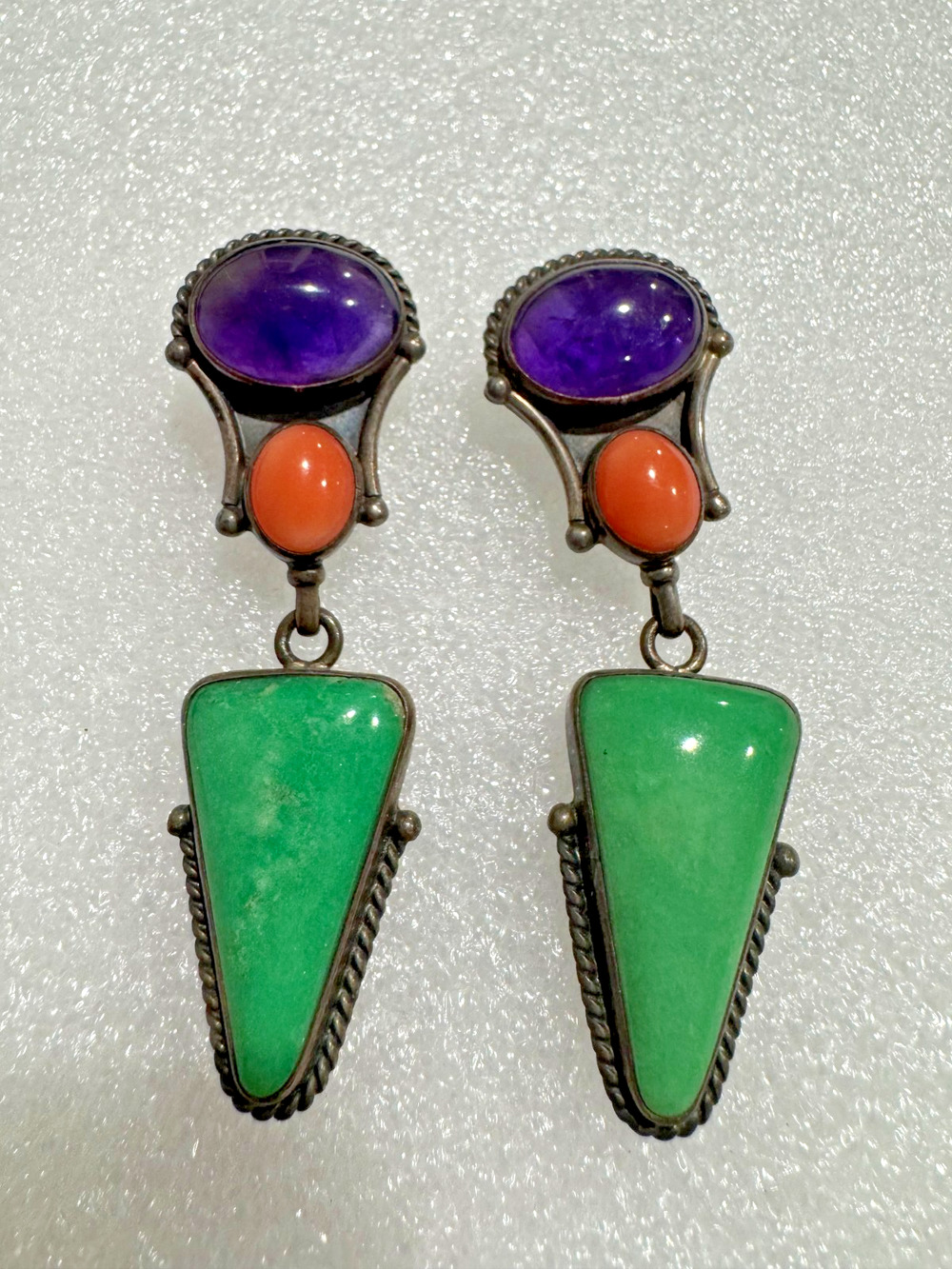 Vintage Signed REVE Large Earrings Amethyst Coral Jadeite Dangle Sterling Silver